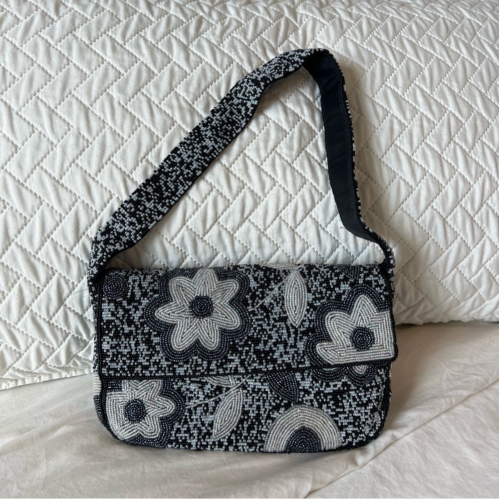 Vintage Y&S Original Fully Beaded Floral Print Shoulder Flap Bag Blue and White